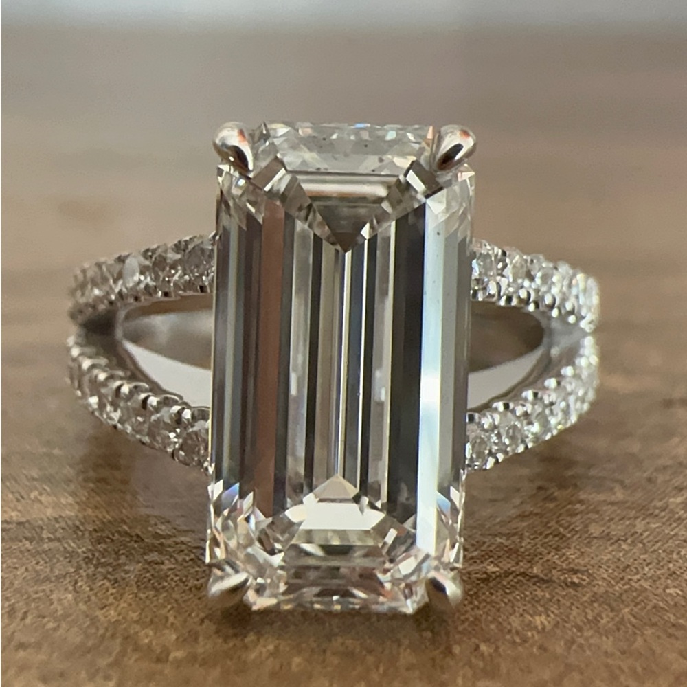 3.17 G vs1 emerald cut lab grown diamond on a split shank pavé engagement ring
